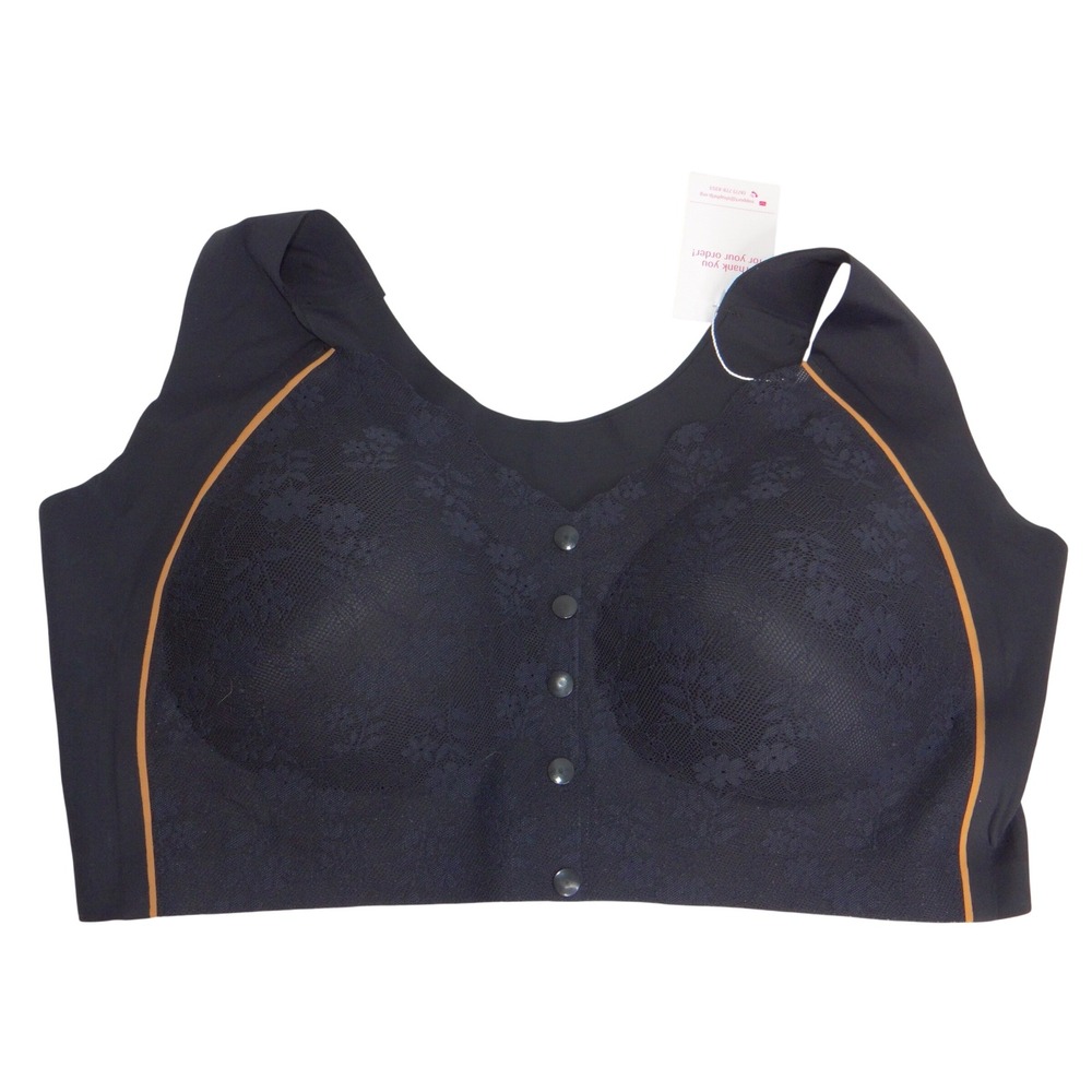 Bustella Women Black Floral Lace Front Button Closure Wireless Bra Full Coverage